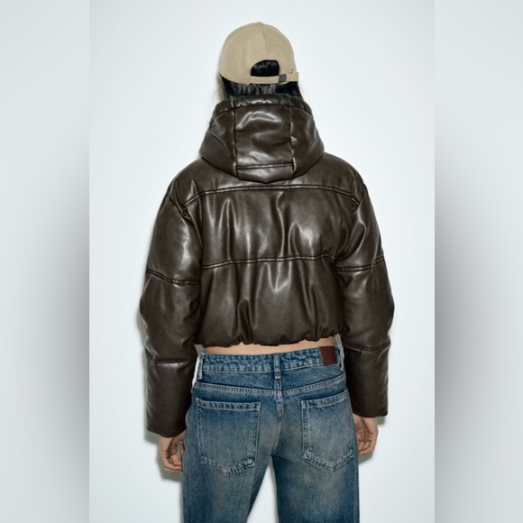 Zara FAUX LEATHER CROPPED PUFFER ANORAK. Brown. Sizes XS, S. New with Tags. - Picture 2 of 7